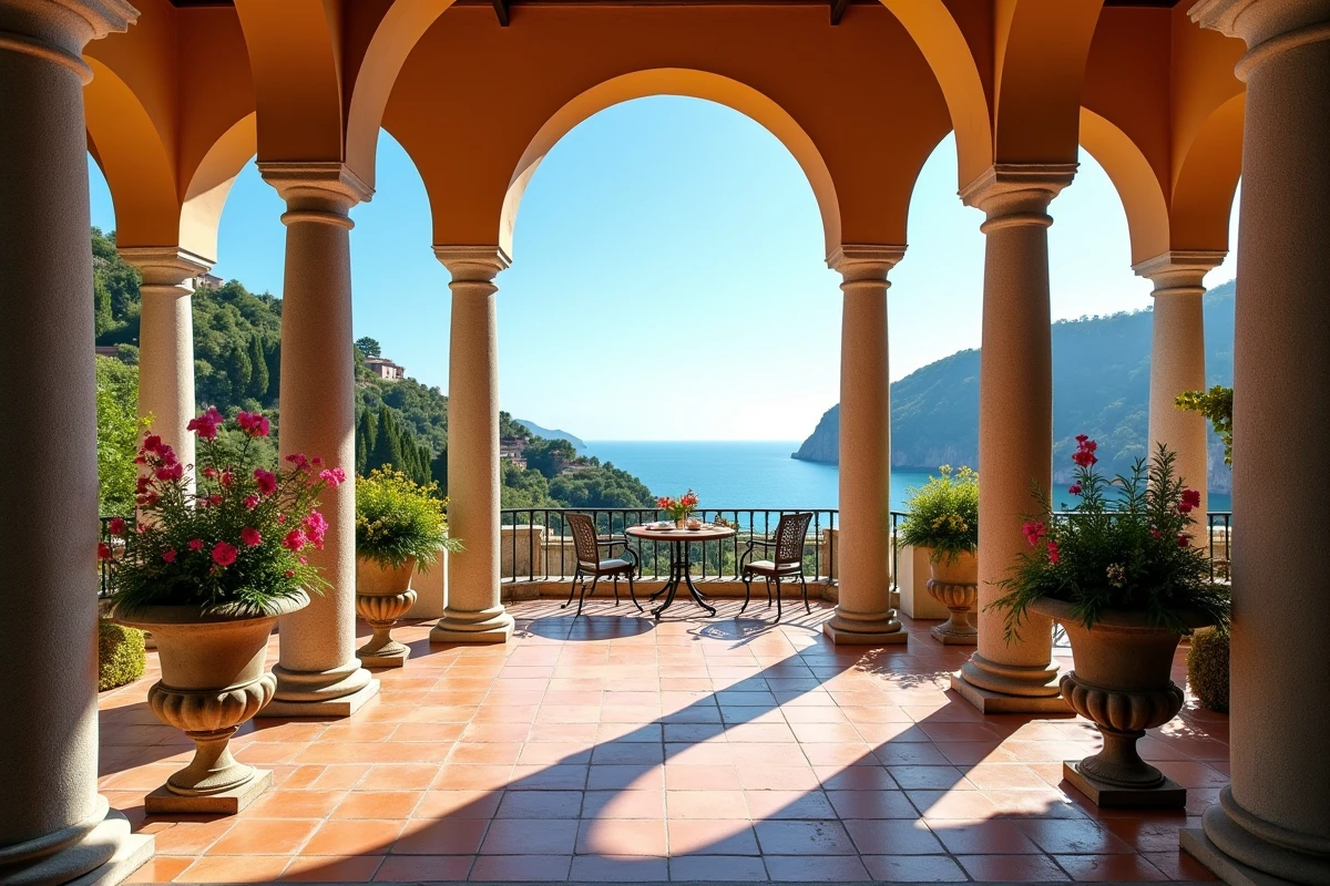 Loggia à colonnades de la Villa Leopolda avec vue panoramique sur les jardins en terrasses et la mer Méditerranée