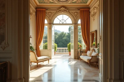 Grand salon Belle Époque de la Villa Leopolda sur la Côte d'Azur avec mobilier antique et vue sur le jardin méditerranéen