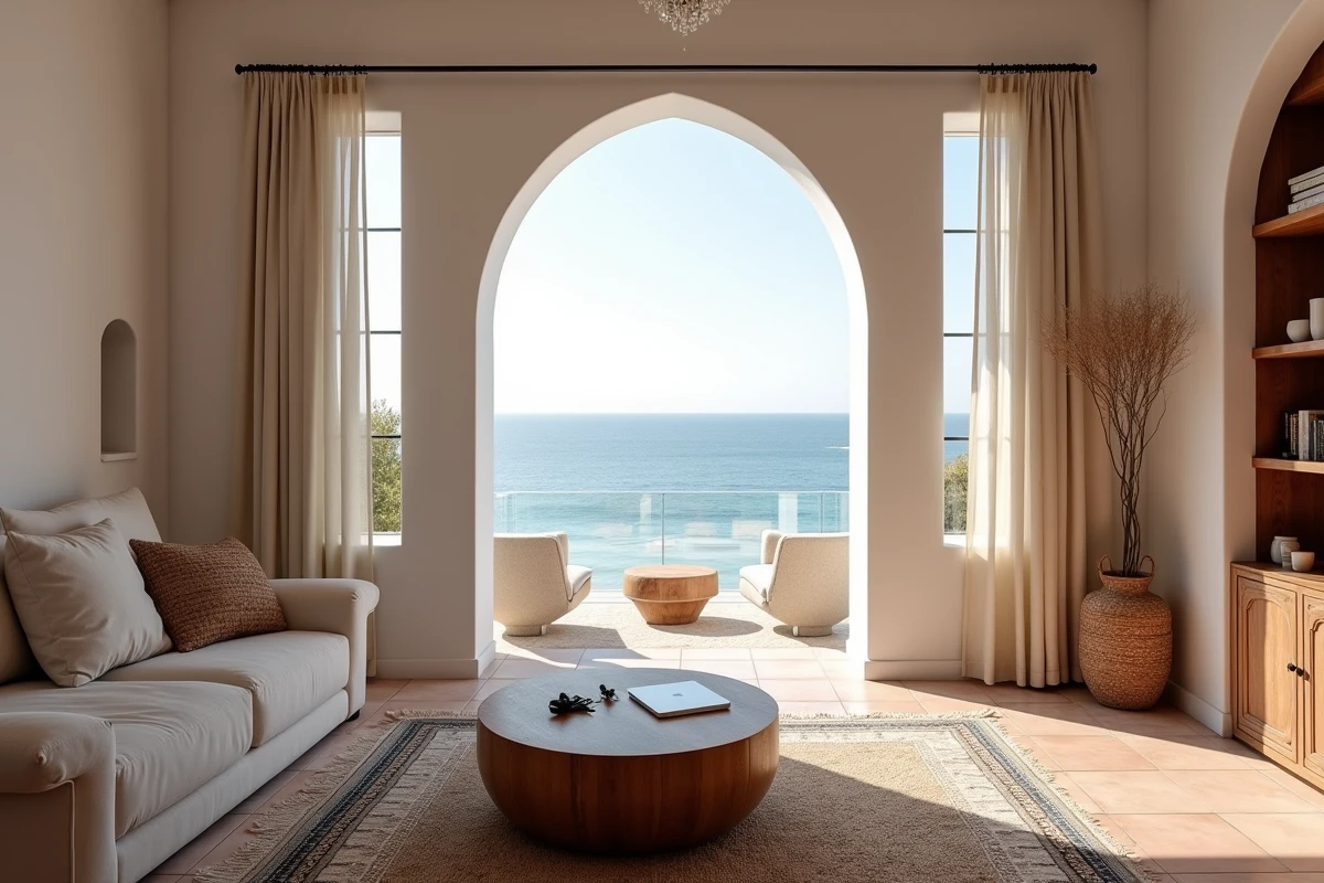 Intérieur d'une villa en location longue durée à Essaouira avec vue mer et décoration marocaine traditionnelle