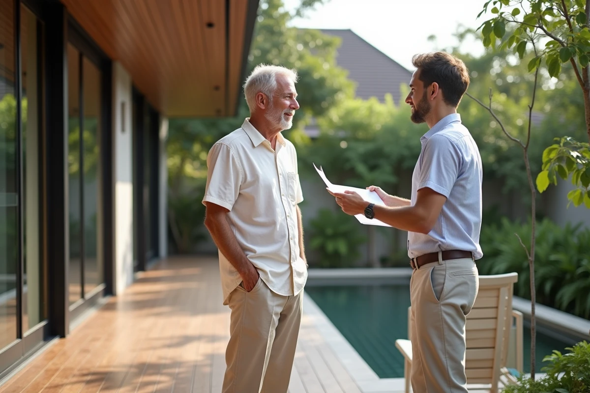 Homme occidental discutant avec agent immobilier thaïlandais sur terrasse