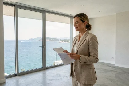 Femme visitant un appartement à vendre avec vue sur mer, tenant une liste de vérification lors d'une visite immobilière