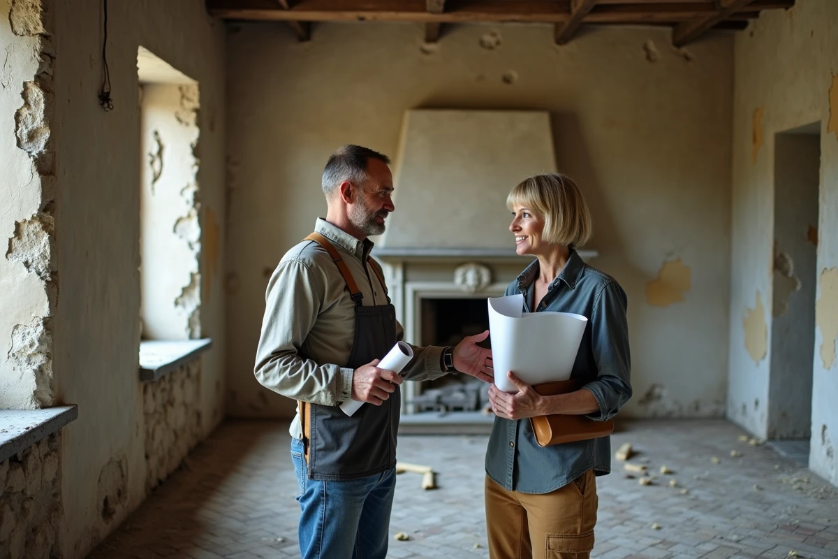 Couple visitant l'intérieur en ruine d'un manoir à rénover acquis pour un euro symbolique en France