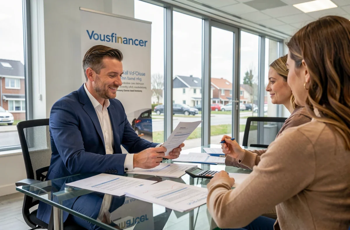 Courtier Vousfinancer Val-d'Oise en réunion avec des clients pour finaliser un contrat de prêt immobilier
